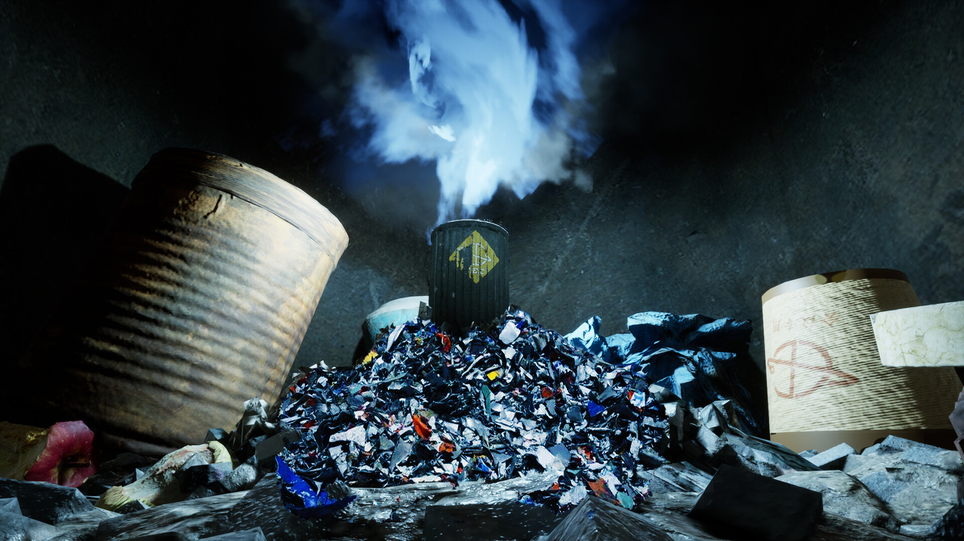 A screenshot of A Simple Garbage Sorting Game showing a player sorting garbage in a lab environment.