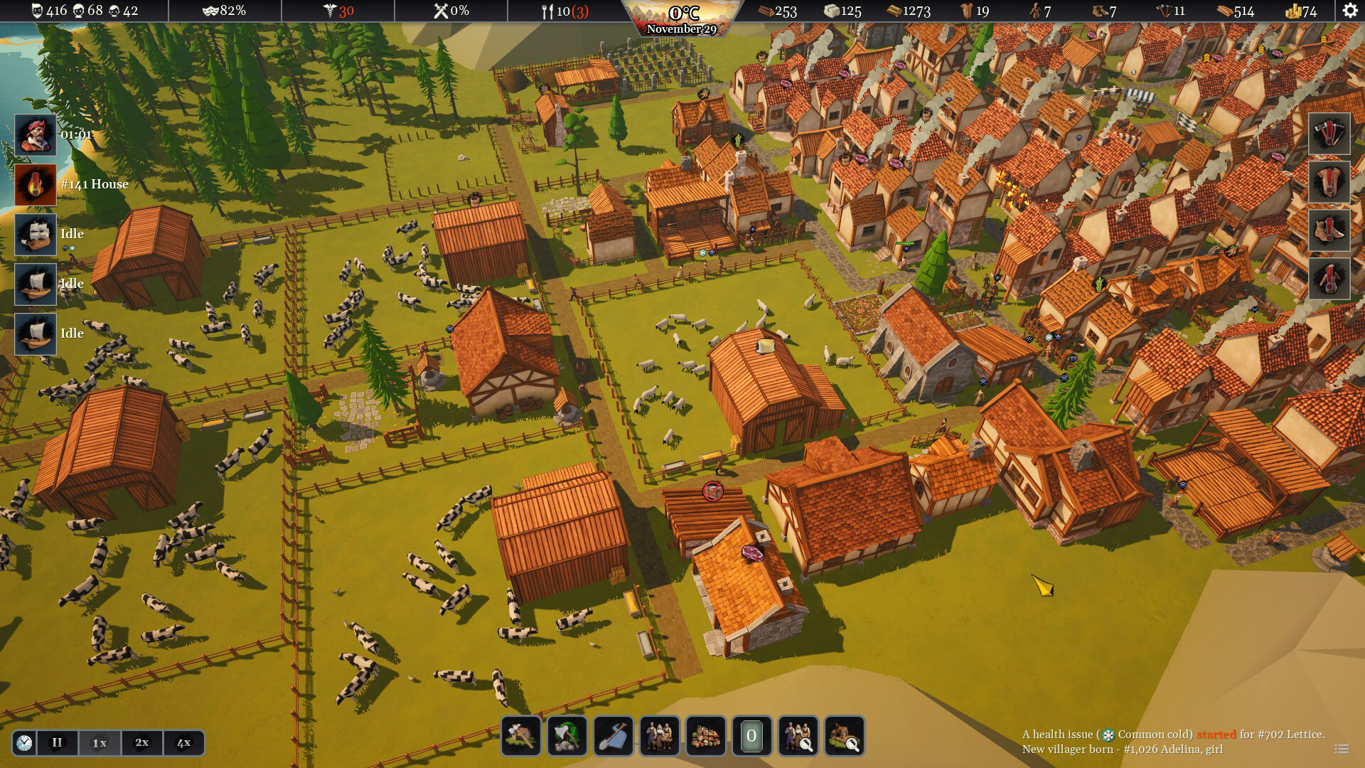 Settlements Rising PC game gameplay screenshot showing medieval village building and villager management.